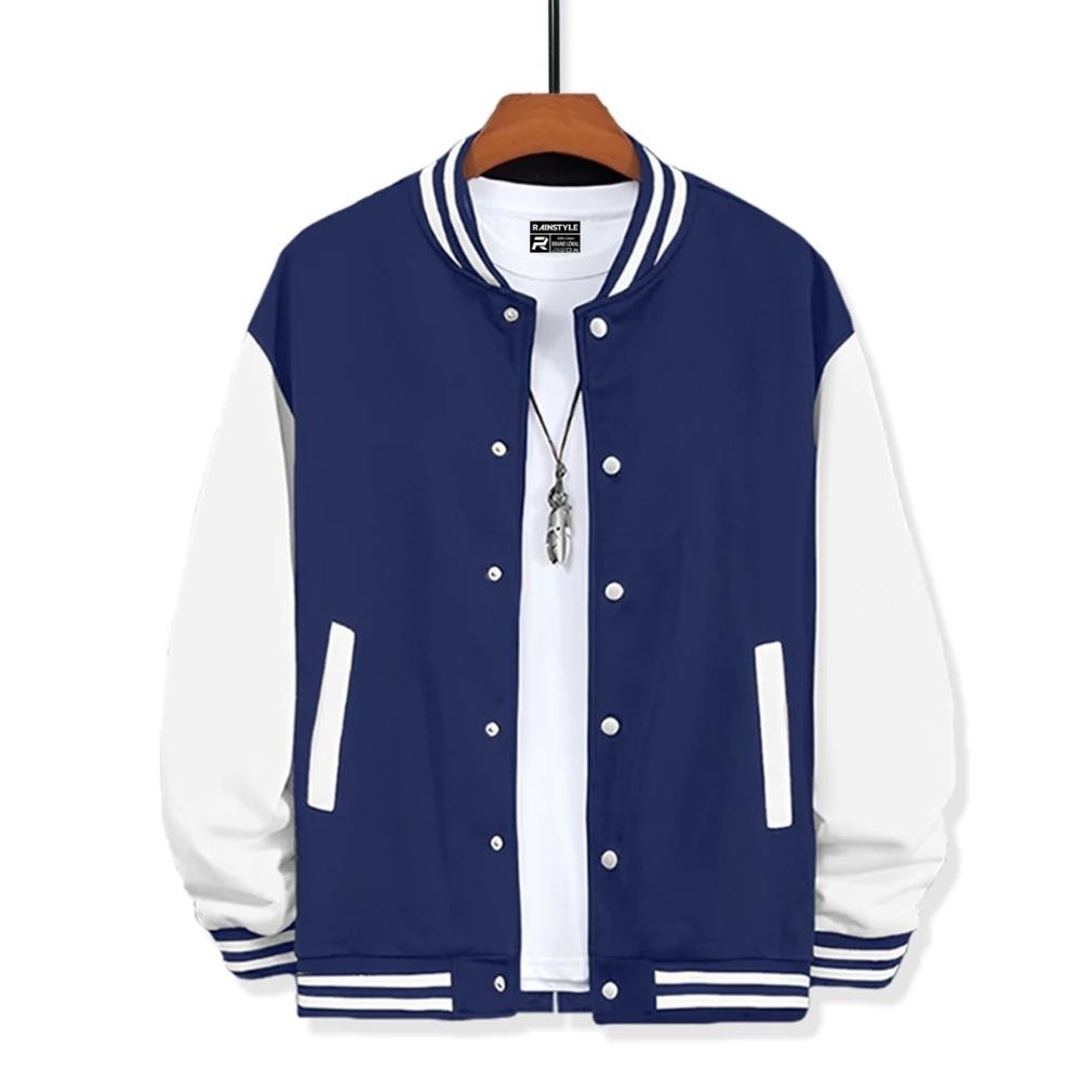 Jaket Pria Bomber Rainstyle Varsity Polos Navy Putih Unisexx Jacket Boomber Kekinian Jaket Motor