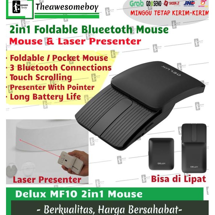 TERBARU - Delux MF10 2in1 Foldable Bluetooth Mouse Laser Presenter Touch Scroll