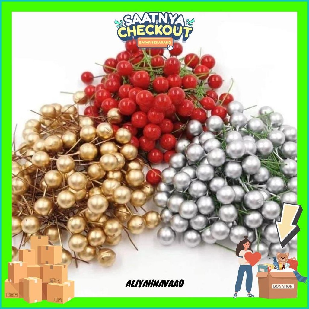 

100 Pcs Cherry Natal Christmas Biji Ceri Berries Hiasan Pohon Natal / Cake Topper Hiasan Kue Bola Emas Silver Merah Cherry Cod