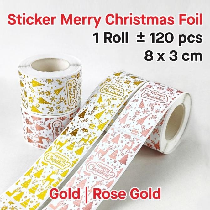 

HGT Sticker Merry Christmas Stiker Natal Dekoratif Bingkisan Kado Hampers Amplop Gold Foil 8 x 3 cm (1 Roll/ 120pcs)