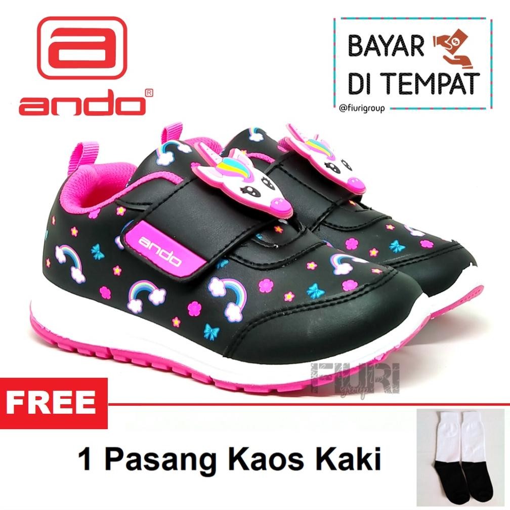 Sepatu Sekolah Anak Perempuan Fiuri - Ando - Elina Perekat 29-32 Hitam Pink - Sneakers Kanvas Sol Ka