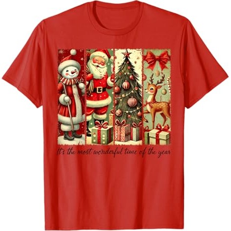 Custom！Kaos Natal Vintage Santa Snowman Reindeer Retro 1950s Christmas Tree Unisex College students 
