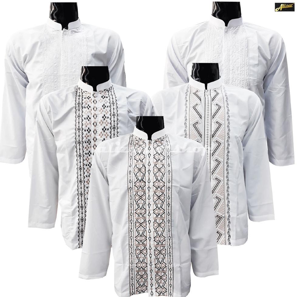 Alizar Baju Koko Pria Dewasa Lengan Panjang Bordir Warna Putih