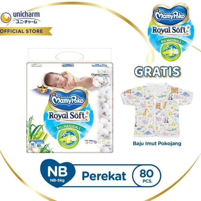 (Gratis Hadiah) [Bio Material] Mamypoko Royal Soft Organic Cotton NB 80 - Popok Bayi Perekat