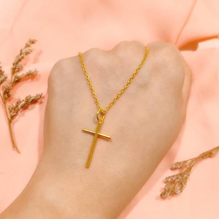 Promo Set kalung dan liontin salib minimalis simpel emas asli Keren
