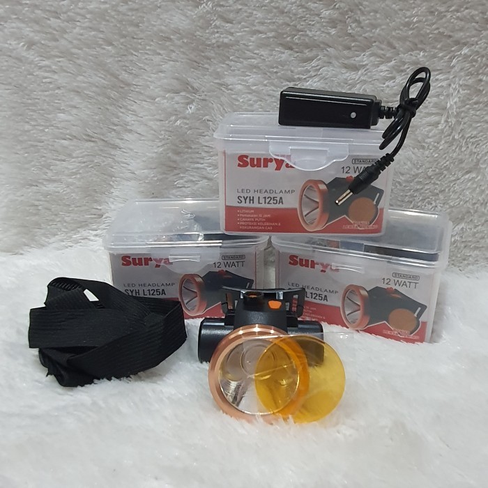 Senter kepala rechargeable headlamp 12watt Surya cahaya putih kuning