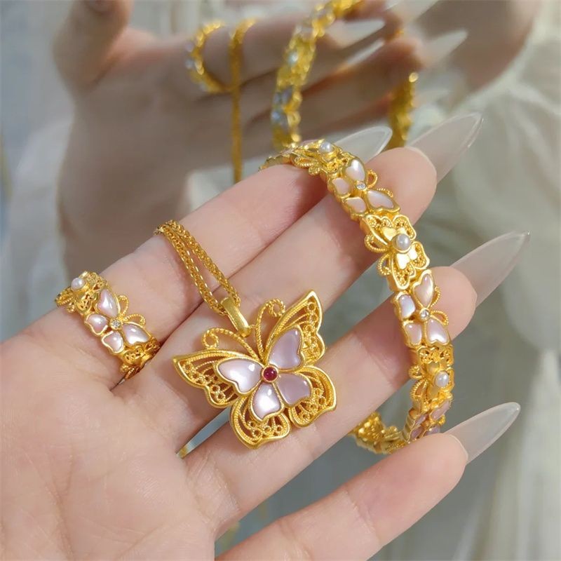 New Butterfly Inlaid Pink Shell Necklace Ring Bracelet Retro Elegant Outfit