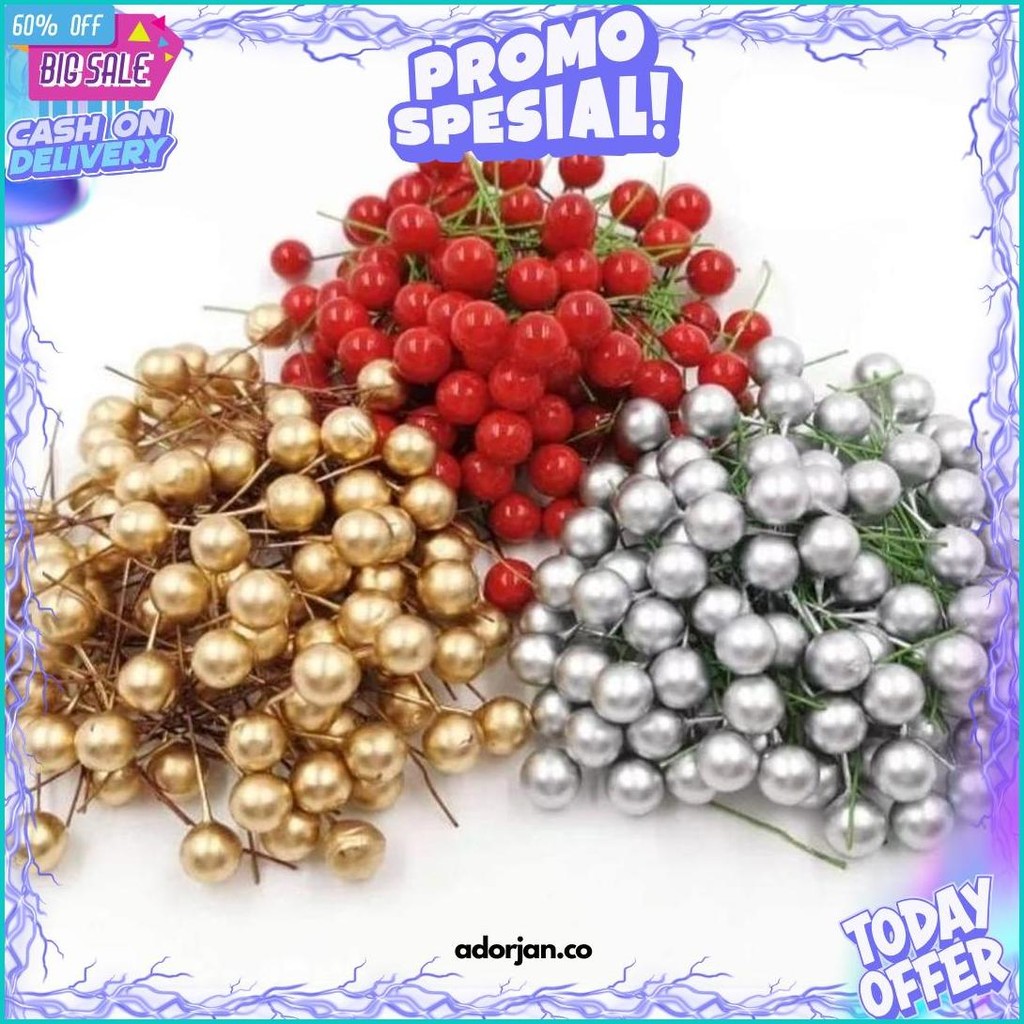 

100 Pcs Cherry Natal Christmas Biji Ceri Berries Hiasan Pohon Natal / Cake Topper Hiasan Kue Bola Emas Silver Merah Cherry Cod