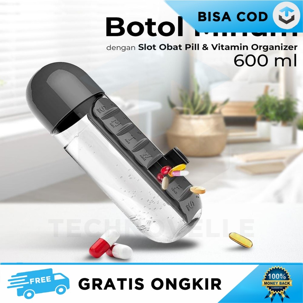 BOTOL MINUM UNIK 600ML VITAMIN ORGANIZER WADAH AIR PLASTIK BPA FREE