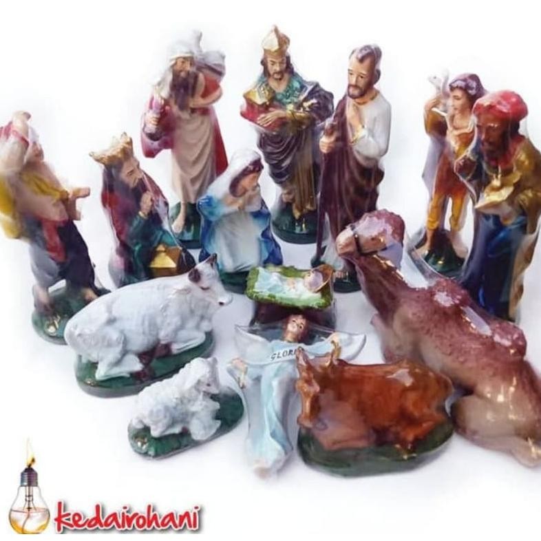 Dem Set Patung Natal 20 Cm Bayi Yesus Maria Yos Gua Kandang Gubuk Ternak Arca Fiber Full Color Warna