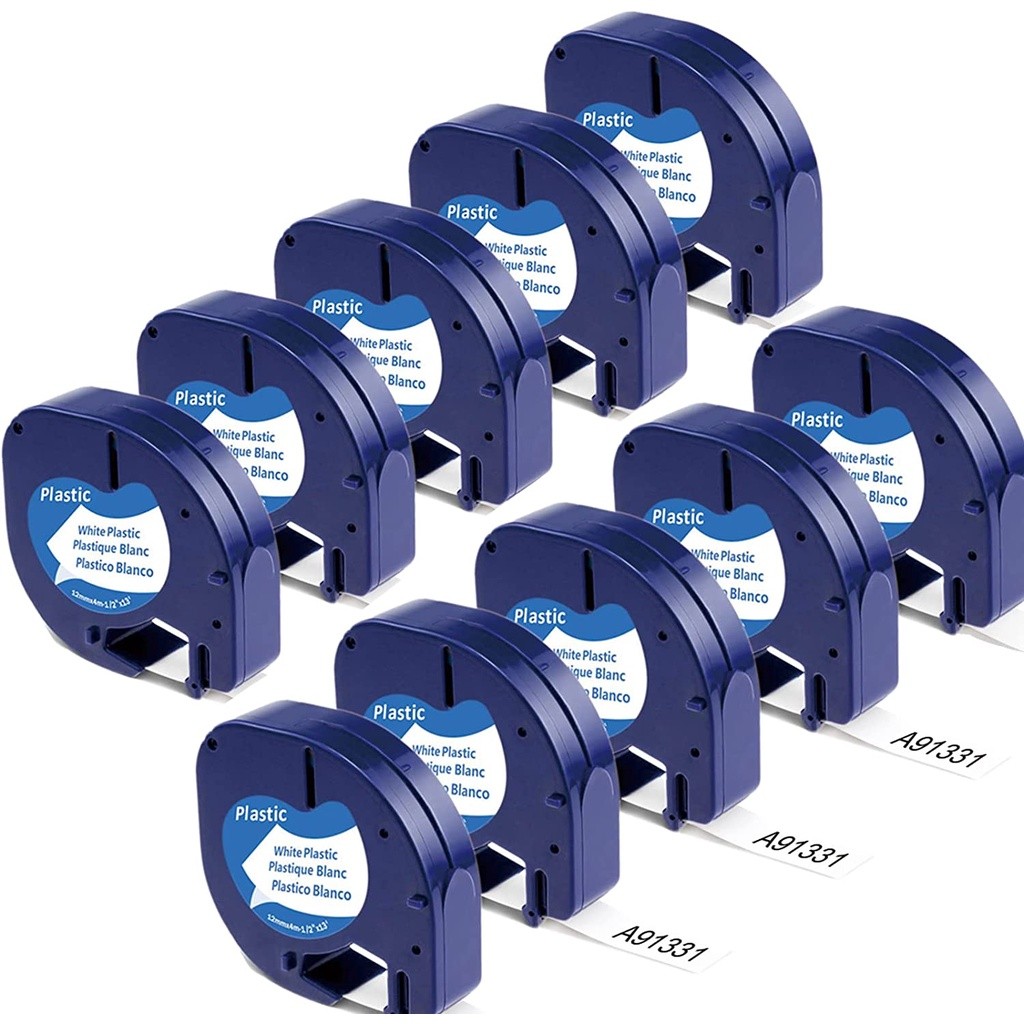 

10 Paket Isi Ulang Dymo Letratag Kompatibel Pita Label Plastik Putih 91201 91331 (S0721660) Hitam di atas Putih, untuk Pembuat Label DYMO LT-100H LT-100T Plus QX50 2000, 12mm x 4m |GrkC6Phi|
