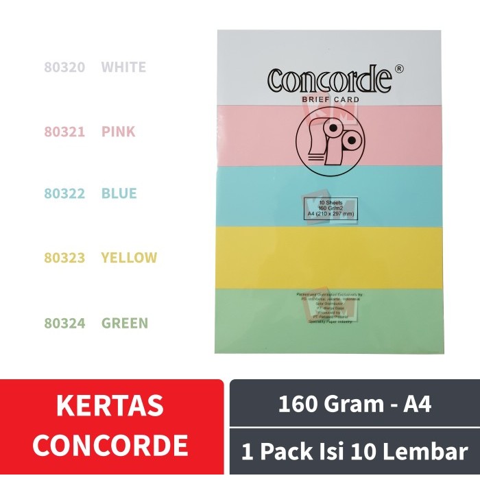 

HARGA DISC - Kertas Concorde Cover Brief Card A4 160 gr/m2 gram Isi 10 Lembar