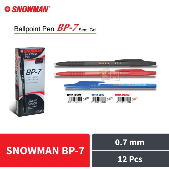 

Pulpen Ballpoint Pena Snowman BP-7 BP7 Hitam Merah Biru 0.7 mm 12 Pcs