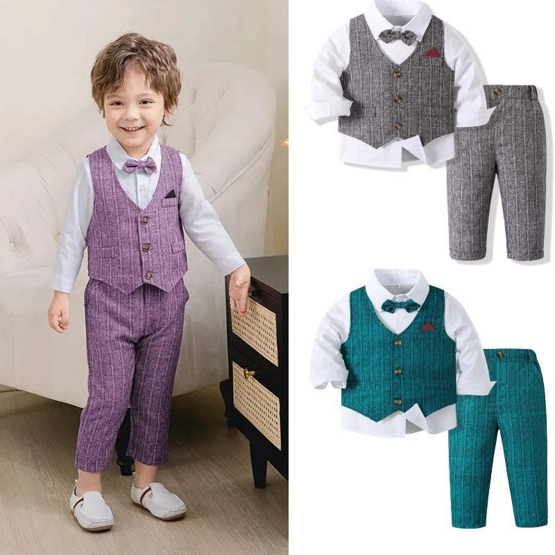 4 Buah Balita Bayi Laki-laki Ungu Hijau Abu-abu (Rompi + Dasi Kupu-kupu + Kemeja Lengan Panjang + Ce