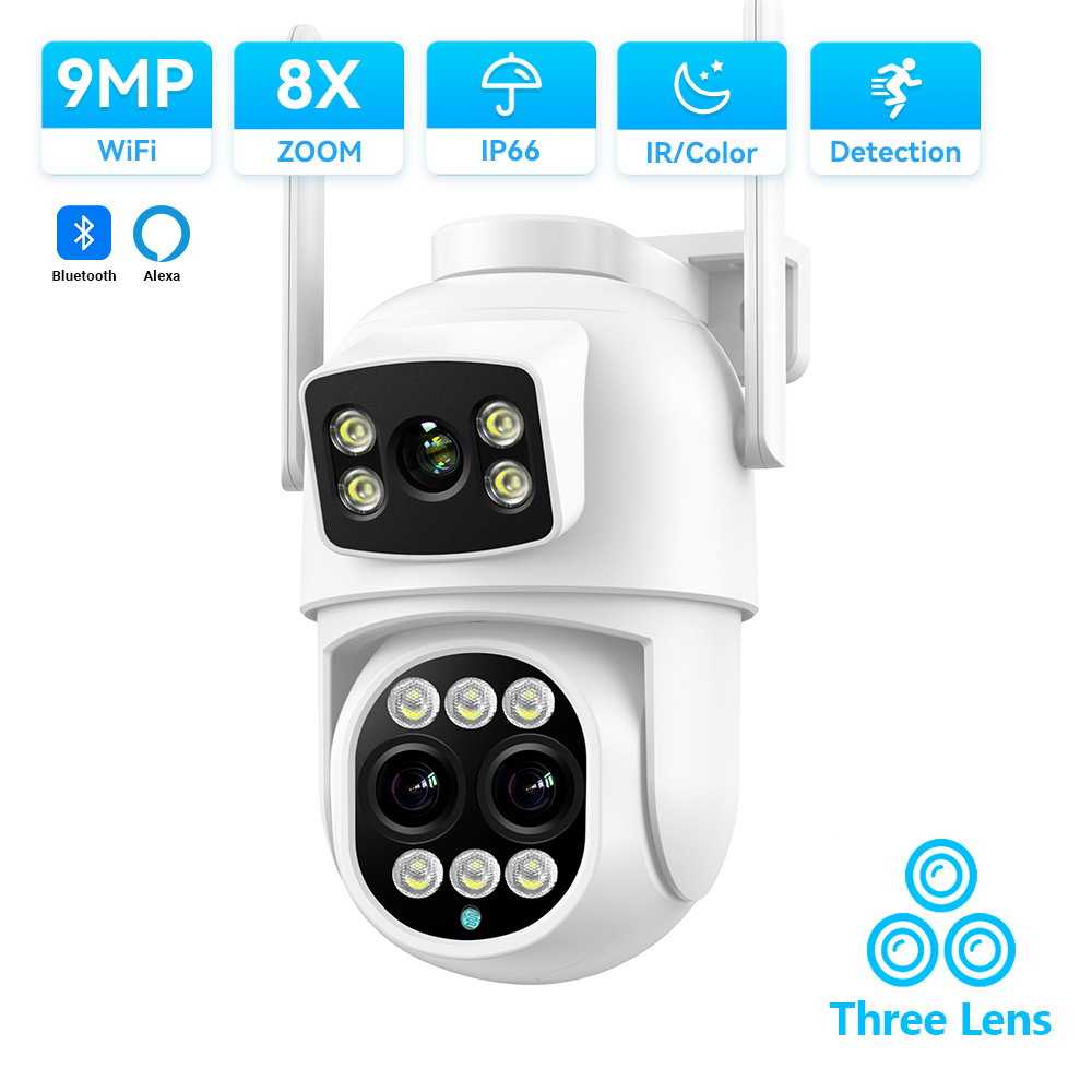 Hamrol 9MP Tiga Lensa Layar Ganda PTZ WIFI Tahan Air Gun Ball Linkage Zoom 8X Audio Dua Arah CCTV |h