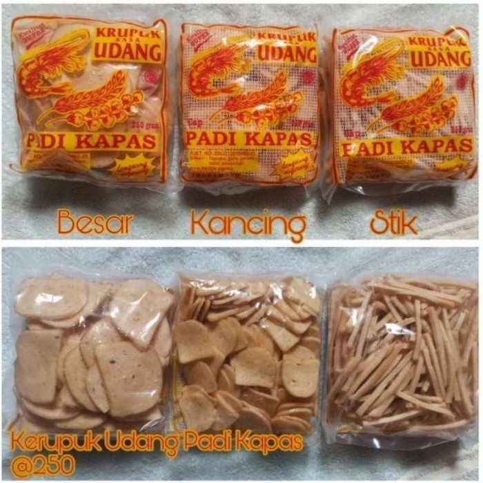 

NEW Kerupuk Udang Mentah Merk Padi Kapas Ukuran Besar / Kancing / Stick 250gr Khas Cirebon