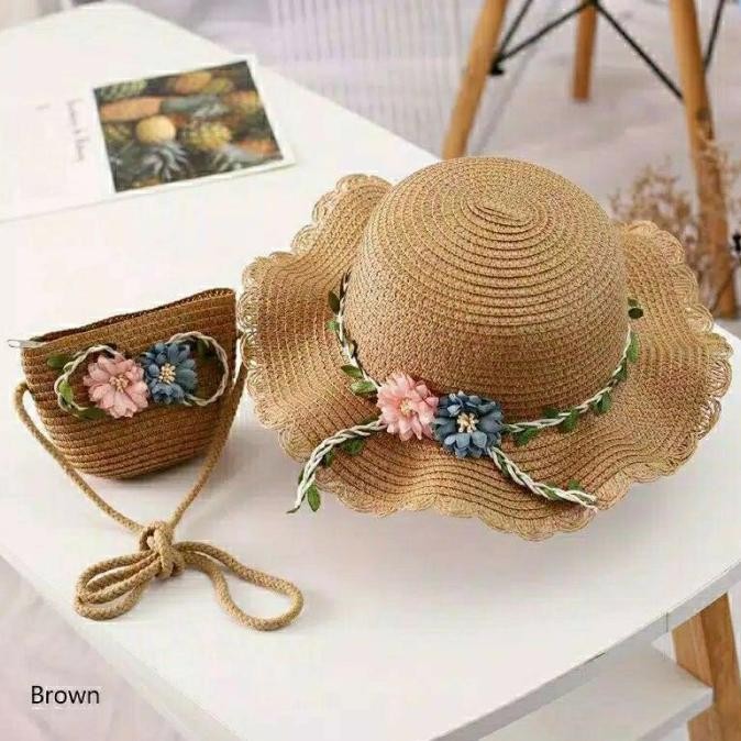 Topi Pantai Anak + Tas 1 Set Motif Bunga Jerami Rajut Korea Import HTM
