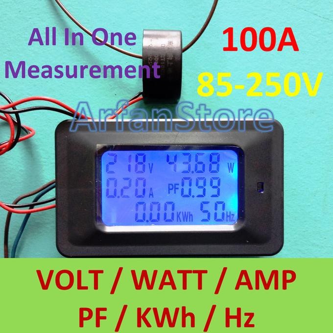 Volt Watt Amp Ampere PF Power Factor KWh Hertz Hz Meter AC 220V 100A