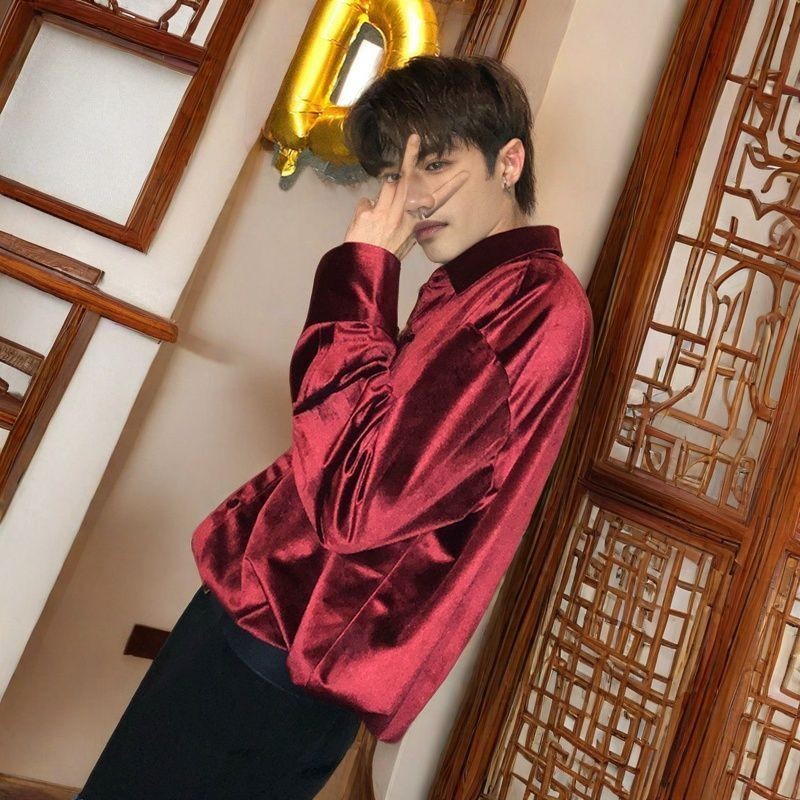 Vintage Red Shirt Long Sleeve Men's Clothing Satin All-Matching Shirt