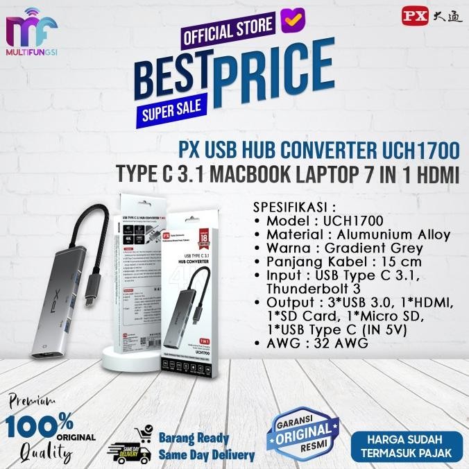 

PX USB Hub Converter UCH1700 Type C 3.1 Macbook Laptop 7 in 1 HDMI