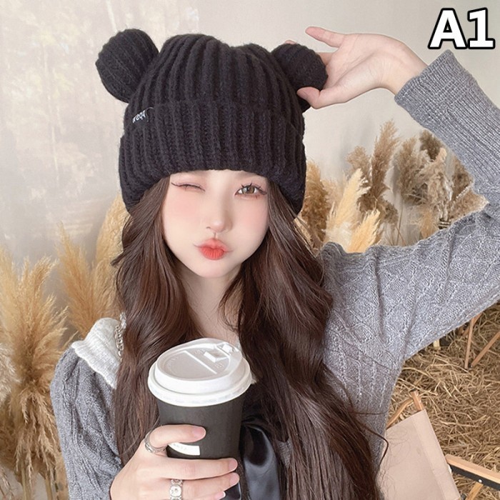 Topi Rajut Beruang Lucu Wanita, Topi Kupluk Musim Dingin Telinga Bear