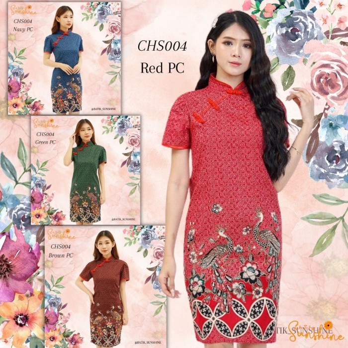 Dress Sangjit Cheongsam/Imlek Batik Wanita Chs004 Pc Navy Red Green