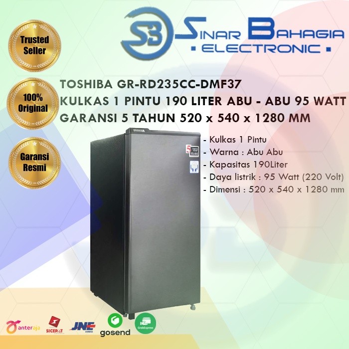 TOSHIBA GR-RD235CC-DMF37 KULKAS 1 PINTU 190 LITER ABU - ABU 95 WATT GARANSI 5 TAHUN 520 x 540 x 1280