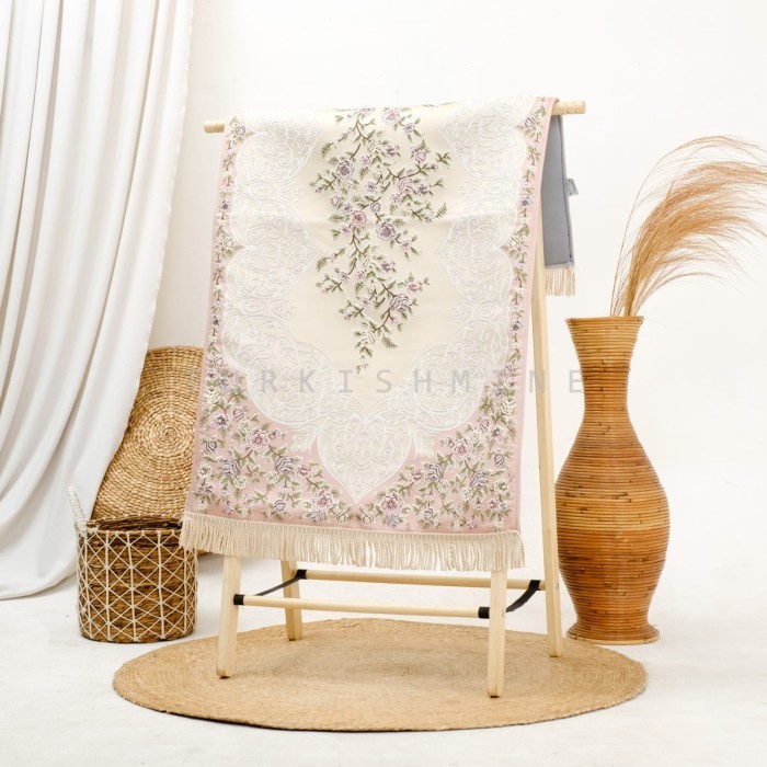 Sajadah Sajadah Turki Luxury Satin Silk Flower Bordir mewah tebal - pink cream premium empuk terlari