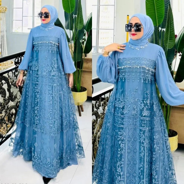 BEST SELLER Gamis Wanita Muslim Kondangan Terbaru 2024 Delvira Dress Ceruty Mix Brukat Payet - Denim