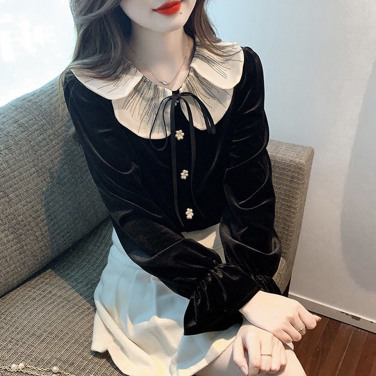Kemeja Lengan Panjang untuk Wanita, Kerah Boneka Renda Beludru