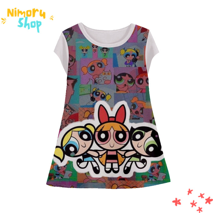 Baju Dress Anak 3D Tunik-Powerpuff-5-designWD Anime The Powerpuff Girls Tunik Untuk Usia 1-12 Tahun 