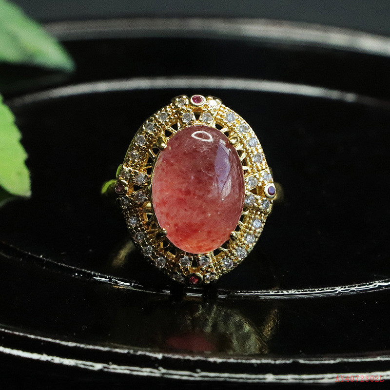 Cincin Kristal Batu Kuarsa Stroberi Merah Permata Berwarna Retro