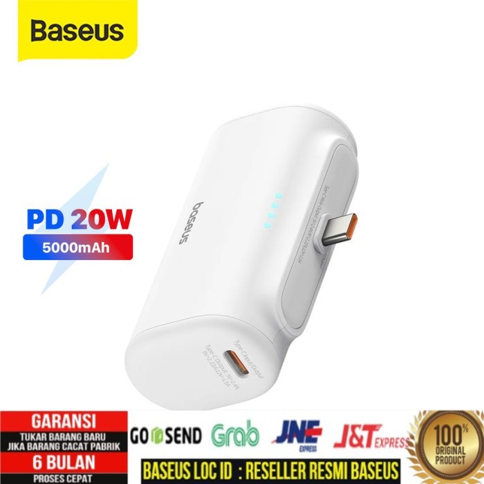 Baseus Power Bank Mini 5000mAh PD 20W Fast Charging Type-C Bawaan - Hitam/Putih