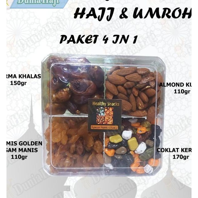 

Paket Haji Umroh 4 In 1 Kurma Kacang Almond Coklat Kerikil Kiss
