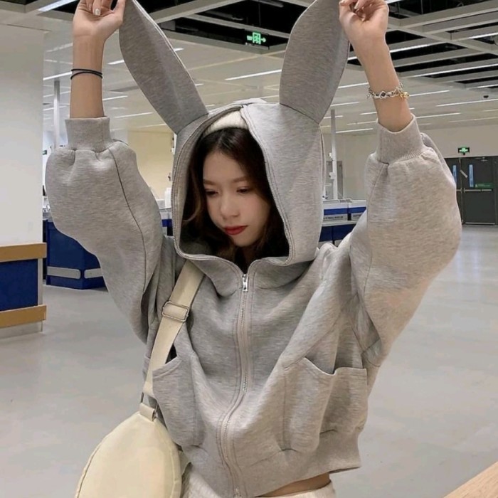 Murah jaket wanita polos abu jacket hoodie kuping telinga rabbit kelinci
