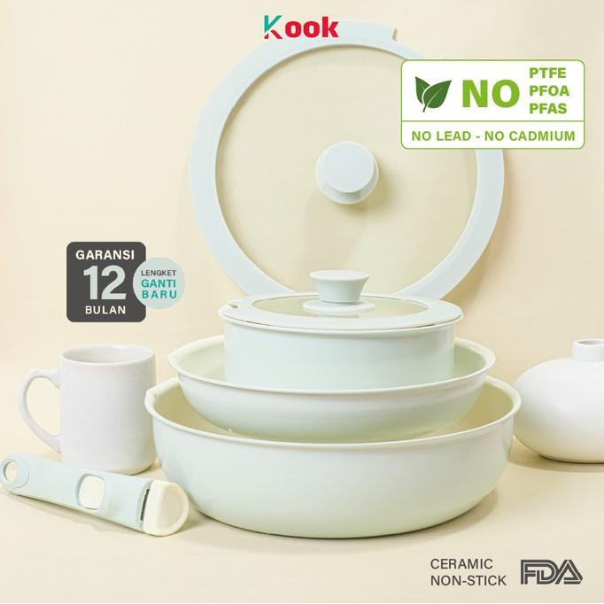 

kook 6 in 1 detachable pan set - non-toxic ceramic non-stick pan ptfe pfoa pfas lead cadmium free peralatan masak anti lengket pegangan lepas panci frying wok semua kompor termurah
