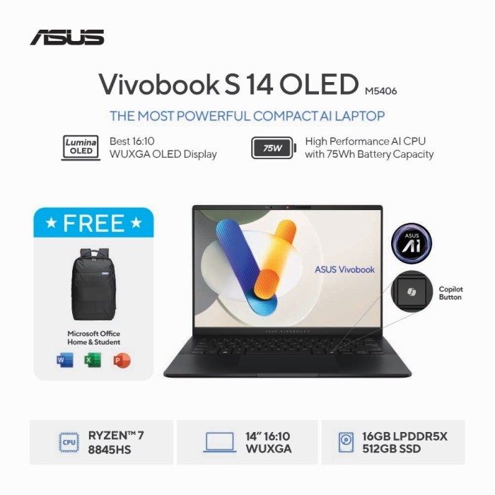 ASUS Vivobook S 14 OLED M5406UA-OLED752 - Neutral Black [AMD Ryzen 7 8845HS / AMD Radeon Graphics /