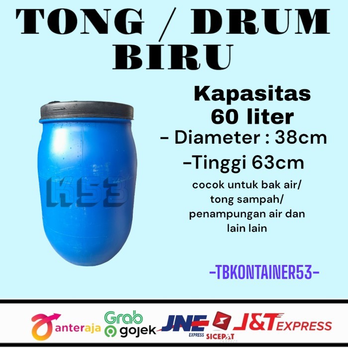DRUM HDPE BIRU 60 LITER - TONG BIRU AIR, TONG SAMPAH / BAK MANDI DLL