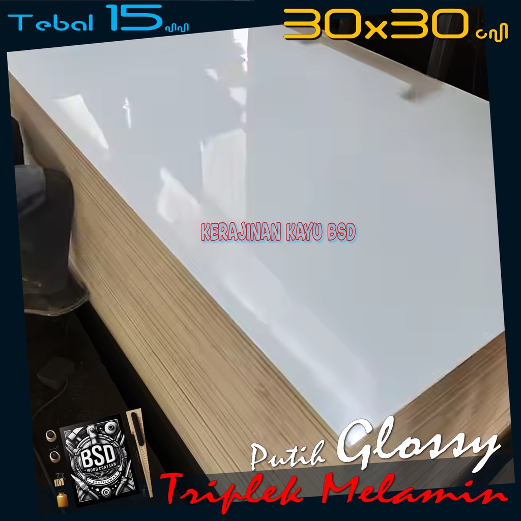 Triplek Melamin 15mm 30x30 cm  | Melamin Putih GLOSSY 1 Muka | Melamin Glossy 15mm 30x30cm