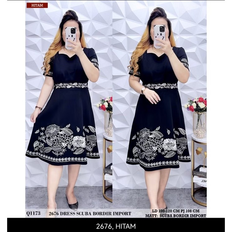 LANGSUNG KIRIM JUMBO DRESS PESTA WANITA SCUBA BORDIR LD 106-120#2705 - Hitam, LD 106-120 L6C42
