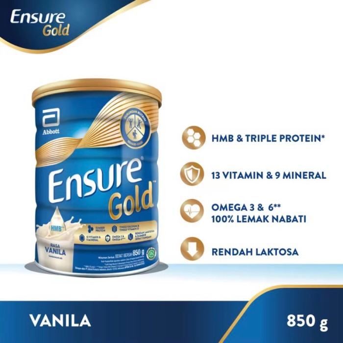 

Ensure Gold 850 gr - Susu Nutrisi Dewasa Rendah Laktosa - Vanilla/Coklat