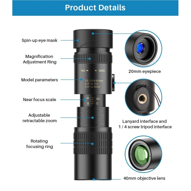 Laris Lensa Teleskop Saku Monokuler 10-300X Magnification Tripod Hitam Apl-10-300X40 Apexel