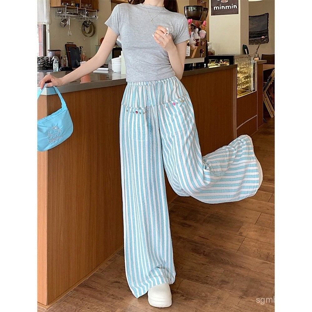 Mint Mambo Green Striped Casual Pants for Women Summer2024New High Waist Slimming and Straight Wide 