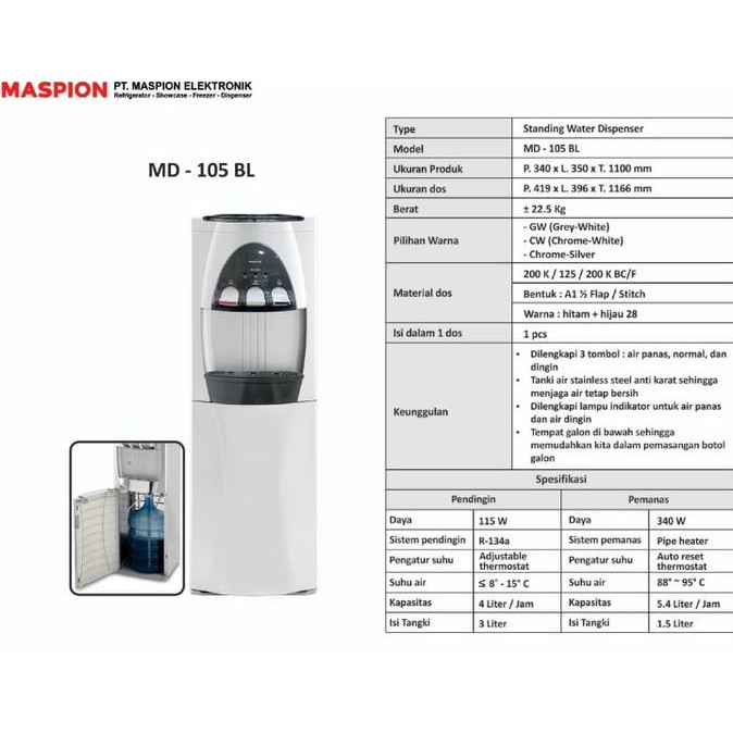 Maspion Water Dispenser MD-105BL Galon Bawah Baru