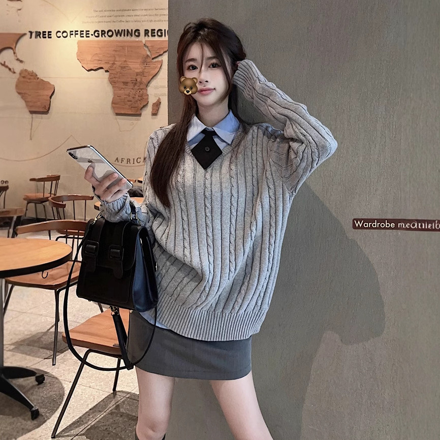 Crunchy Brulee Sweter Lengan Panjang Kerah V Trendi, Modis, Dan Kasual Untuk Wanita Sweter Longgar L
