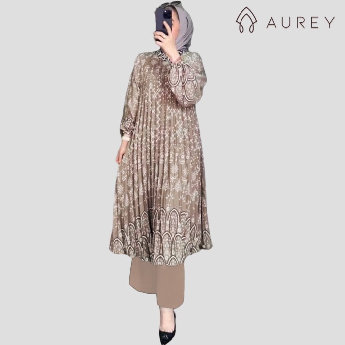 AUREY oneset long tunik plisket kamila setelan tunik panjang wanita - KAMILA LATTE, Ld 110-120cm ade