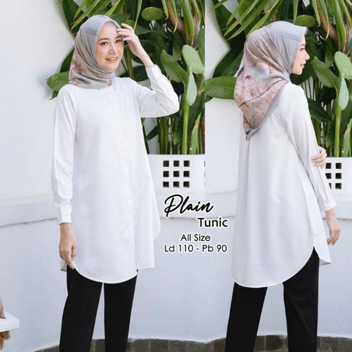 Baju Long Dress Kemeja Tunik Wanita Hitam Putih Polos Jumbo - Putih, L elegan termurah