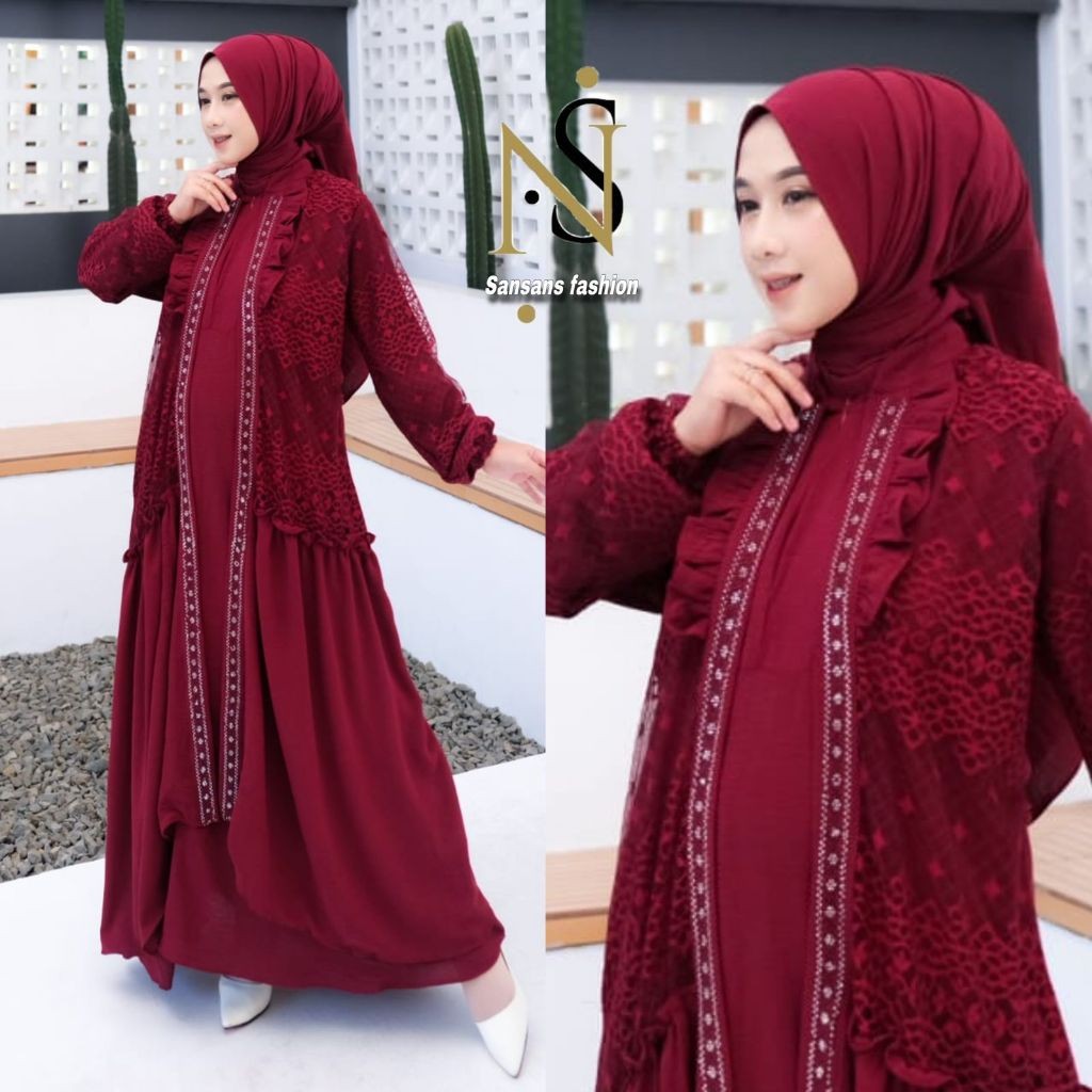 Baju Muslim Halus & Tebal Terbaru Sansans Fashion Amora Gamis Crinkle Brukat Set Hijab Pashmina