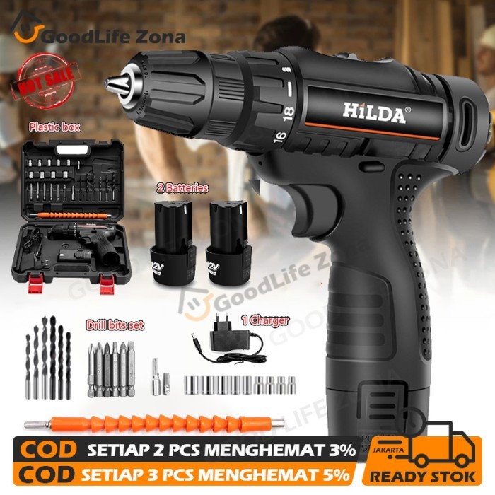 HILDA bor tangan tanpa kabel/bor cas 2 baterai promo/bor listrik/Bor Baterai Mesin Bor Listrik Tanpa