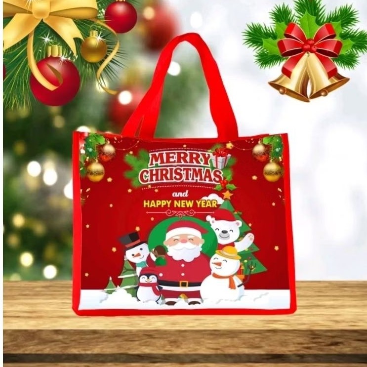 

Tas Ransel Tahan Lama Tas jajanan spunbound Goodie bag tema Natal Merry christmas gambar santa